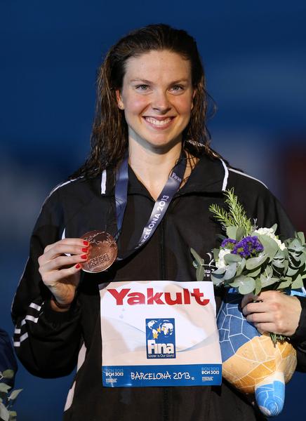 Lauren Boyle celebrates one of her three bronze medals at the recent world championships. 